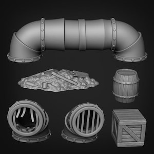 May include: A set of 3D printed miniature dungeon props, including a pipe, a pile of debris, a barrel, a crate, and two vent covers. The props are made of gray plastic and are designed for use in tabletop role-playing games.
