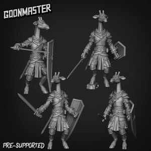 May include: Four 3D printed miniature figurines of a giraffe-like creature wearing armour and holding a sword and shield. The figurines are pre-supported and are labelled "GOONMASTER" and "PRE-SUPPORTED".