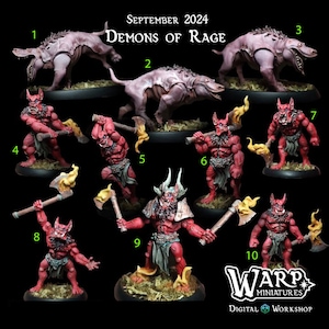 Può includere: Un set di dieci miniature dipinte che rappresentano demoni della furia. Il set include due grandi creature rosa simili a cani e otto demoni rossi con corna, asce ed effetti di fuoco. Le miniature sono esposte su basi circolari.