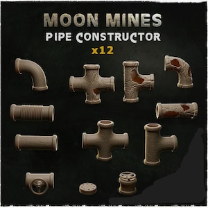 May include: A set of 12 rusty metal pipe pieces for model building. The set includes straight pipes, elbows, and cross pieces. The pipes are designed to look like they are made of metal and have a rusty finish.  The set is labeled "Moon Mines Pipe Constructor x12".