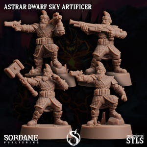 May include: Four miniature figures of a dwarf warrior, each holding a different weapon: a pistol, a shotgun, a hammer, and another pistol. The figures are in a dynamic pose, with detailed armour and beards. The text "ASTRAR DWARF SKY ARTIFICER" is at the top.