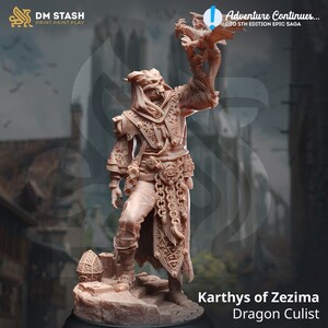 May include: A detailed miniature figurine of a dragon cultist holding a small dragon. The figure is painted in a brown color and is standing on a base with a book and a cage. The text "Karthys of Zezima Dragon Culist" is printed below the figure.