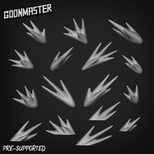 May include: A set of 15 pre-supported 3D printed models of sharp, pointy, and jagged spikes. The spikes are designed for tabletop gaming and miniature wargaming.
