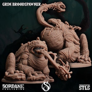 May include: Two detailed Grim Broodspawnner miniatures. The creatures are brown with textured skin, open mouths, and long tongues. The text "GRIM BROODSPAWNER" is at the top. The Sordane Publishing logo and "PRESUPPORTED STLS" are at the bottom. These are likely for tabletop gaming.