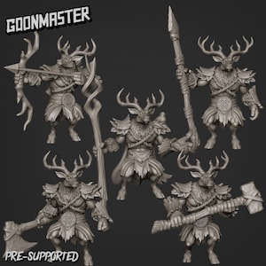 May include: Five 3D printed miniatures of deer-like creatures with antlers, each holding a different weapon. The miniatures are pre-supported and ready to be printed.
