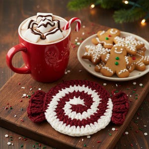 Peppermint Candy Coaster Crochet Pattern | Crochet Coaster | Crochet Spiral | Christmas Coaster