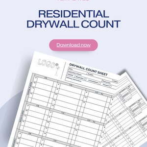 May include: A black and white printable drywall count sheet for residential construction projects. The sheet includes columns for basement, main floor, and upper floor, with rows for 8, 10, 12, and 14 foot lengths. The sheet also includes columns for 1/2 inch and 1/2 inch 5/4 drywall.