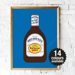 Botella de barbacoa de Sweet Baby Ray: póster de arte de pared para cocina con ilustración brillante y divertida. Impresión premium de gran peso, 200 g/m², tamaño A5, A4, A3, A2 y A1.