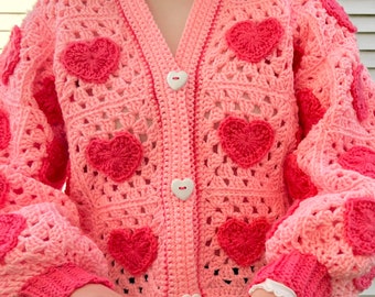 Lots of Love Crochet Cardigan Pattern PDF Instant Download Pink Heart Sweater Valentines Day Gift