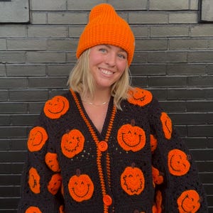 Happy Pumpkins Cardigan Crochet Pattern PDF Instant Digital Download Halloween Jack-O-Lantern faces fall season sweater
