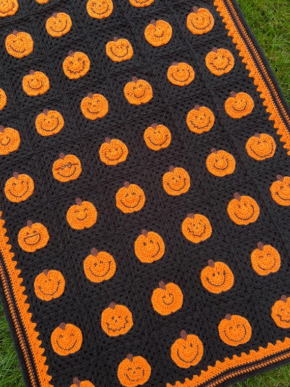 Happy Pumpkins Crochet Afghan Pattern: Halloween Blanket (PDF Digital Download)