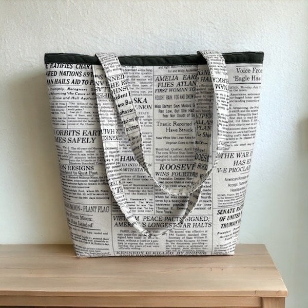 Newspaper book bag, unique purse, carryall, reusable grocery bag