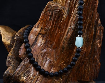 Asymmetrical Onyx Necklace w/ Chrysoprase & Sterling Silver Accent - 8mm - Choose Your Length