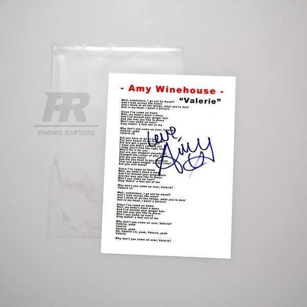 Feuille de paroles A4 signée Valérie Amy Winehouse
