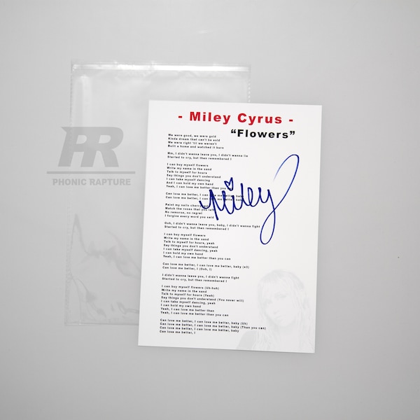 Miley Cyrus Flowers Signed A4 Lyric Sheet Autographed Signature Music lover Gift Memorabilia Fan Wall Display Piece Vinyl Record Sheet Pop