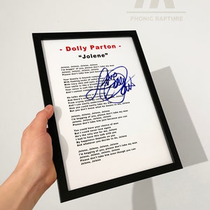 Feuille de paroles A4 signée Dolly Parton Jolene, signature autographiée, amateur de musique, cadeau souvenirs, pièce d&#39;exposition pour disque vinyle, oeuvre d&#39;art murale pour les fans