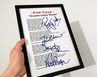 Framed Pink Floyd Comfortably Numb Signed A4 Lyric Sheet Autographed A4 Lyric Sheet Signed Signature Music lover Gift Vinyl Art Memorabilia