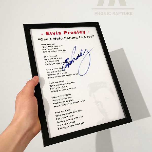 Framed Elvis Presley Can't Help Falling In Love Signed A4 Lyric Sheet Autographed Signature Music lover Gift Memorabilia Vinyl Display Piece