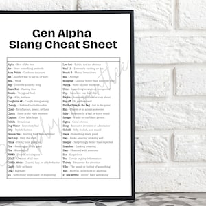 Może przedstawiać: Oprawiony wydruk zatytułowany "Gen Alpha Slang Cheat Sheet" z czarną ramą. Wydruk zawiera listę slangowych terminów i ich definicji, takich jak "Alpha", "Bussin" i "Slay". Tło to biała ceglana ściana.