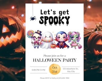 Könnte beinhalten: Eine Halloween-Party-Einladung mit dem Text "Let's get SPOOKY." Die Einladung zeigt Cartoon-Illustrationen eines Skeletts, eines Geistes, eines Vampirs und eines Zombies. Das Datum ist der 31. Oktober, die Party von 18:00 bis 23:00 Uhr.