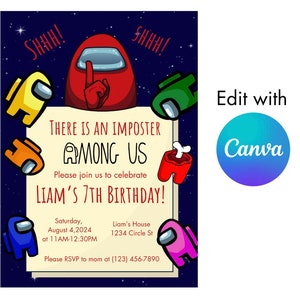 Among us birthday party invitation templates,  birthday theme, digital download, customizable, canva, editable template instant download