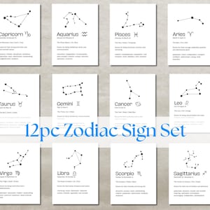 Conjunto de 12 peças de pôster do zodíaco | Presente do zodíaco | Impressão de astrologia | Pôster do signo | Arte de parede do horóscopo