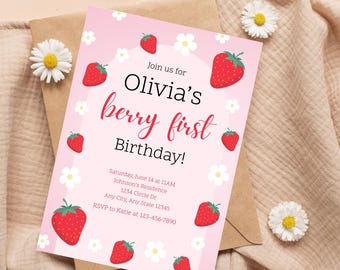 Strawberry First Birthday Invitation: Editable Girl Invite (Digital Download)