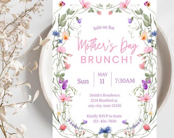 Editable Mother's Day Brunch Invitation Template | Boho Wildflower Invite | Spring Party Digital Invitation
