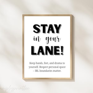 May include: A framed print with the words "STAY in your LANE!" in bold black letters. Below, smaller text reads, "Keep hands, feet, and drama to yourself. Respect personal space - IRL boundaries matter."