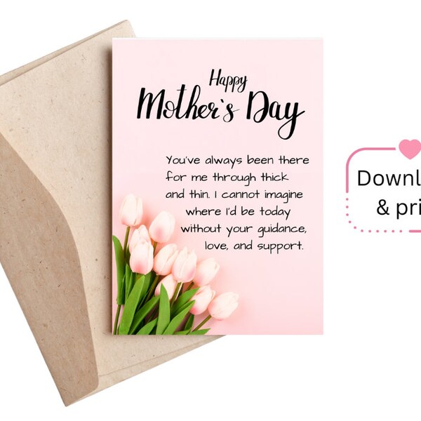 Happy Mother's Day Foldable card, Corner Pink Tulips, Gift for mom, instant download, Pretty card for mom, Mom appreciation card