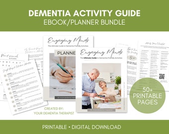 May include: A printable ebook and planner bundle for dementia care. The cover features a photo of an older couple engaging in an art activity. The title of the ebook is "Engaging Minds: The Ultimate Guide to Dementia Friendly Activities". The text "50+ Printable Pages" is also visible.