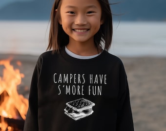 Sweat-shirt pour enfants - Campers Have S'more Fun, haut à col rond pour enfants, enfants d'aventure en plein air, manches longues, sweat-shirt de feu de camp, smores, haut de feu de joie