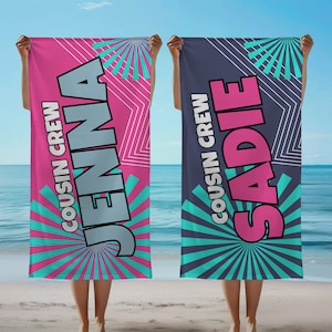 Cousin Crew Beach Towel Personalised Summer Beach Gift For Cousins Bright Bold Retro Groovy Pool Towel Matching Family Vacation Gift Towels
