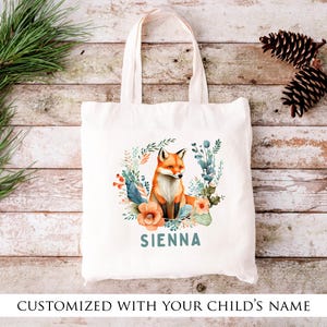 Custom fox tote, custom tote bag, fox gift kid, personalized kid tote bag, fox lover gift, custom kids gift, birthday gift, custom fox gift