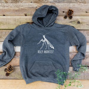 Pode incluir: Uma camisa de moletom cinza escura com capuz, com uma ilustração branca de uma mantis religiosa e o texto "HOLY MANTIS!" impresso na frente.