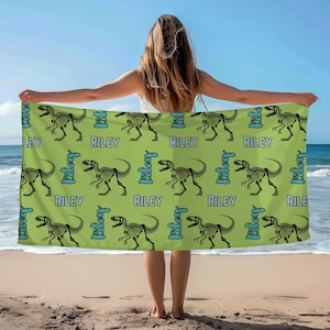 Personalized Dinosaur Beach Towel Custom Name Towel Dino Bones Jurassic World customized Pool Towel for Kids Dinosaur lover Summer Gift idea