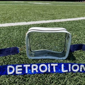 Detroit Lions Stadium approved NFL Clear Bag with bling sequin purse strap for game day tailgate at Ford Field Michigan Football