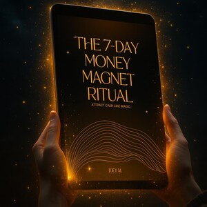 May include: A black tablet displays the text "THE 7-DAY MONEY MAGNET RITUAL" in gold lettering. The tagline "ATTRACT CASH LIKE MAGIC" is below the title. The author's name, Joey M., is at the bottom. The tablet is held by hands.