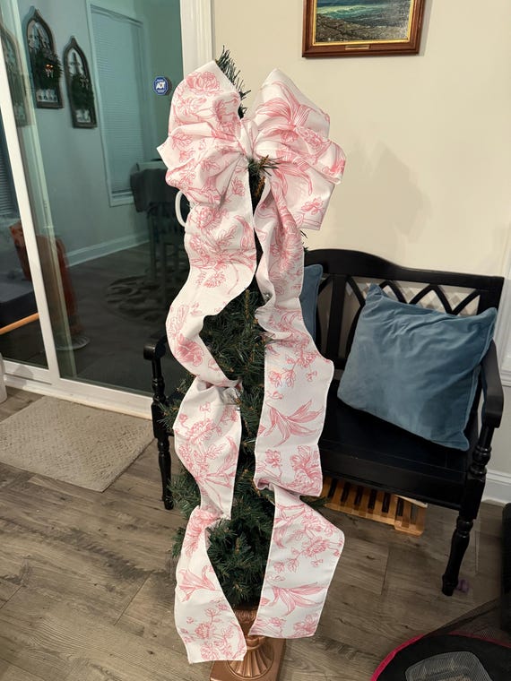 Pink and white toile tree bow large gift bow door bow wreath bow love shack tree topper crib bow Christmas decor