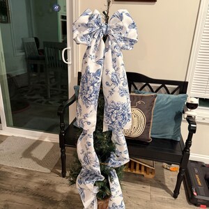 Pink and white toile tree bow large gift bow door bow wreath bow love shack tree topper crib bow Christmas decor image 9