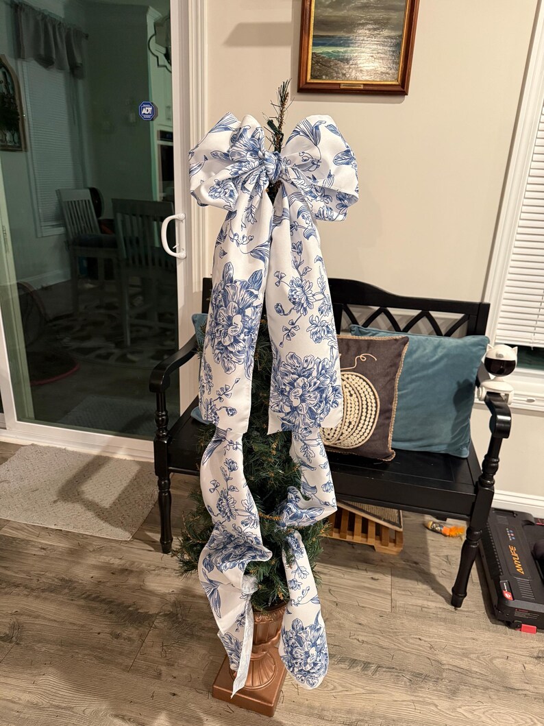 Pink and white toile tree bow large gift bow door bow wreath bow love shack tree topper crib bow Christmas decor image 9