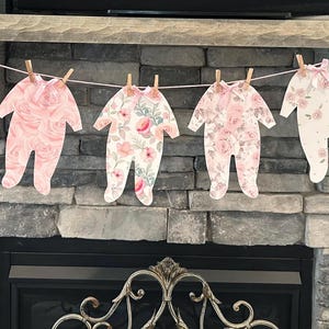 Baby Shower pj’s romper dress sleeper outfit clothesline pink birthday girl cake smash Pink floral milestone Nursery Decor keepsake garland