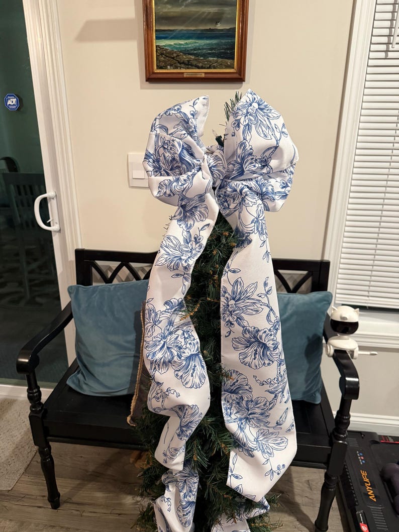 Pink and white toile tree bow large gift bow door bow wreath bow love shack tree topper crib bow Christmas decor image 15