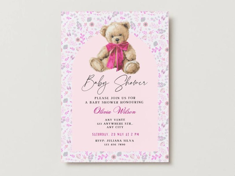 EDITABLE Canva Teddy Bear Pink Bow Floral Baby Shower Invite - Etsy