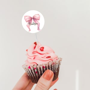 Custom name Pink bow coquette cupcake toppers baby shower Party Decor Bridal Shower She&#39;s Tying the Knot Pink Bow Bachelorette
