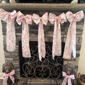 Pink toile floral Bow garland bow baby shower something blue cake smash Bridal Shower She&#39;s Tying the Knot Bachelorette nursery decor