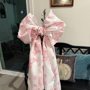 Pink and white toile tree bow large gift bow door bow wreath bow love shack tree topper crib bow Christmas decor image 13