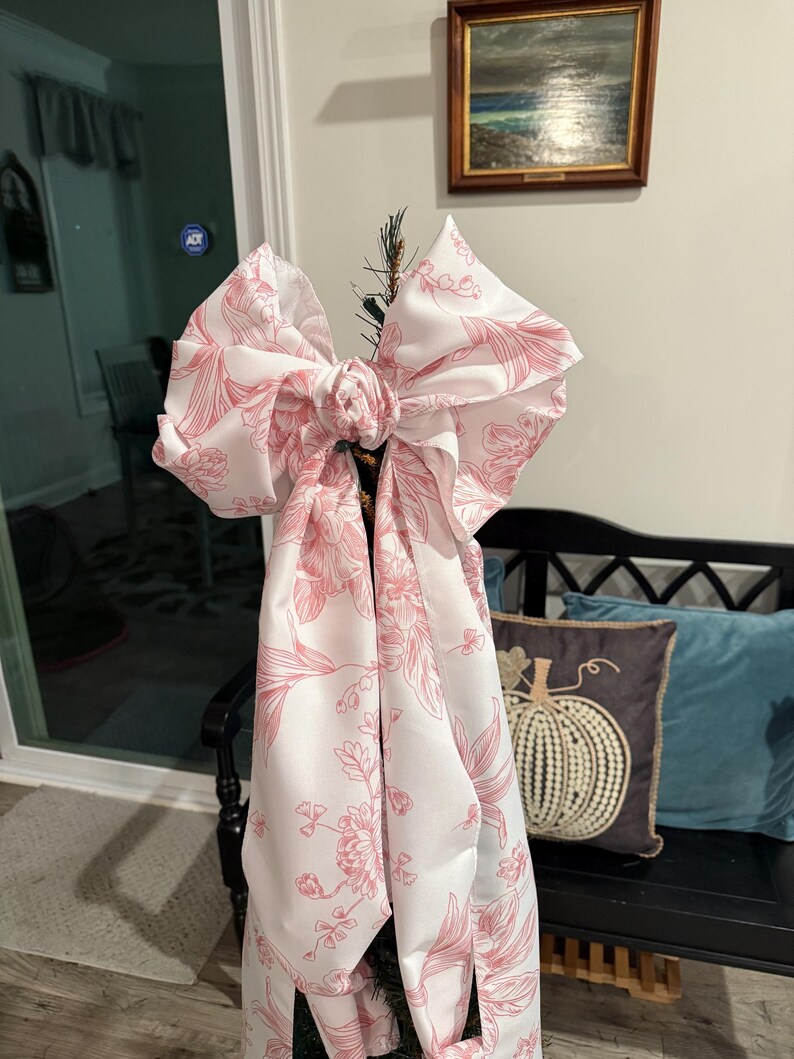 Pink and white toile tree bow large gift bow door bow wreath bow love shack tree topper crib bow Christmas decor image 13