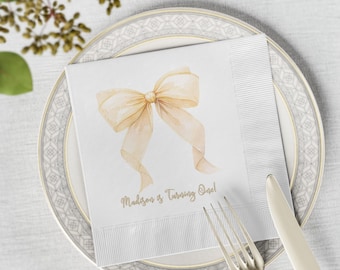 Custom name and age Cream bow Vintage Dreamy Napkins Coquette preppy decor birthday or Baby shower