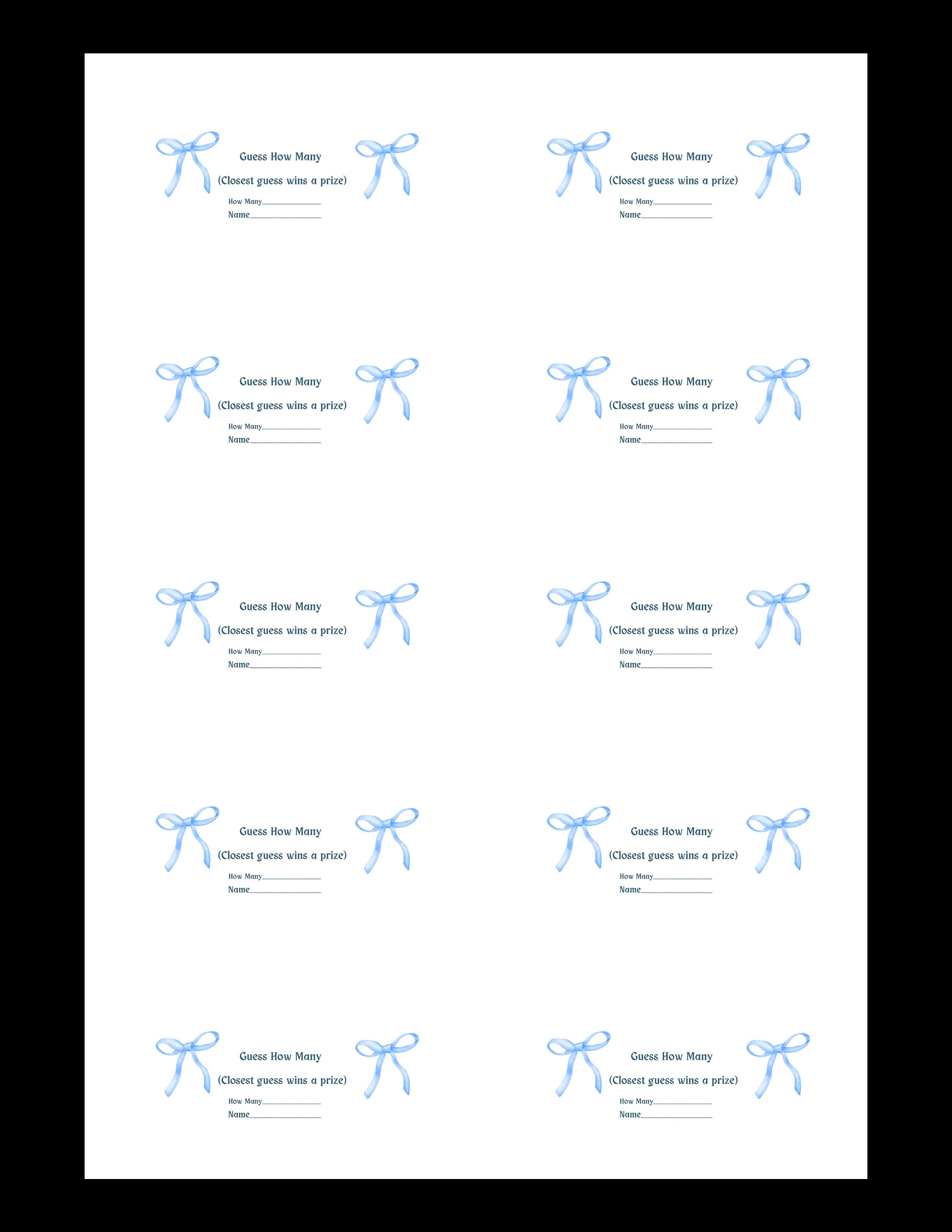 Blue bows Guess how many baby shower birthday party game new mom Cards and sign guessing game table sign digital download